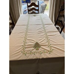 Vintage Christmas Banquet Linens Tablecloth Napkins Cross Stitch Tree Holly‎